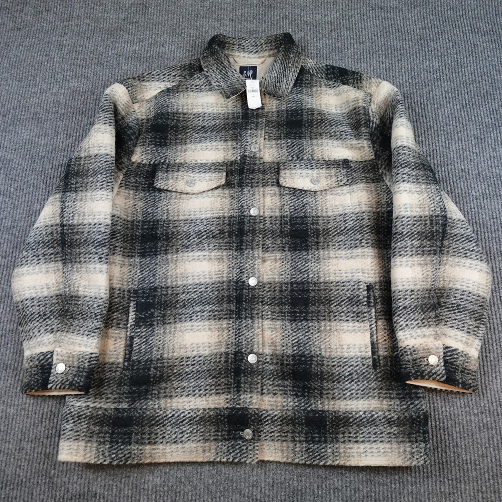 Gap Wool Relaxed Shirt Jacket Mens Large Tall Gray Plaid Flannel Snap Outdoor